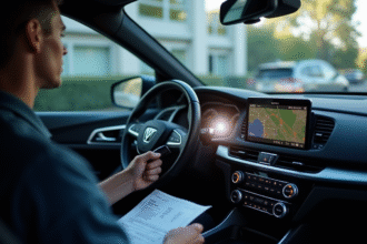 Personne inspectant un tableau de bord de voiture avec lampe de poche