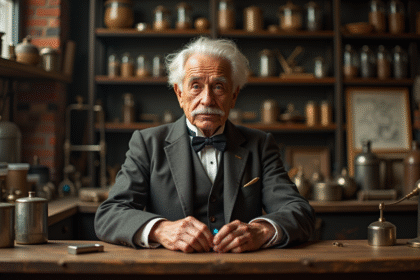 Vieux inventeur examinant une batterie ancienne dans un laboratoire industriel