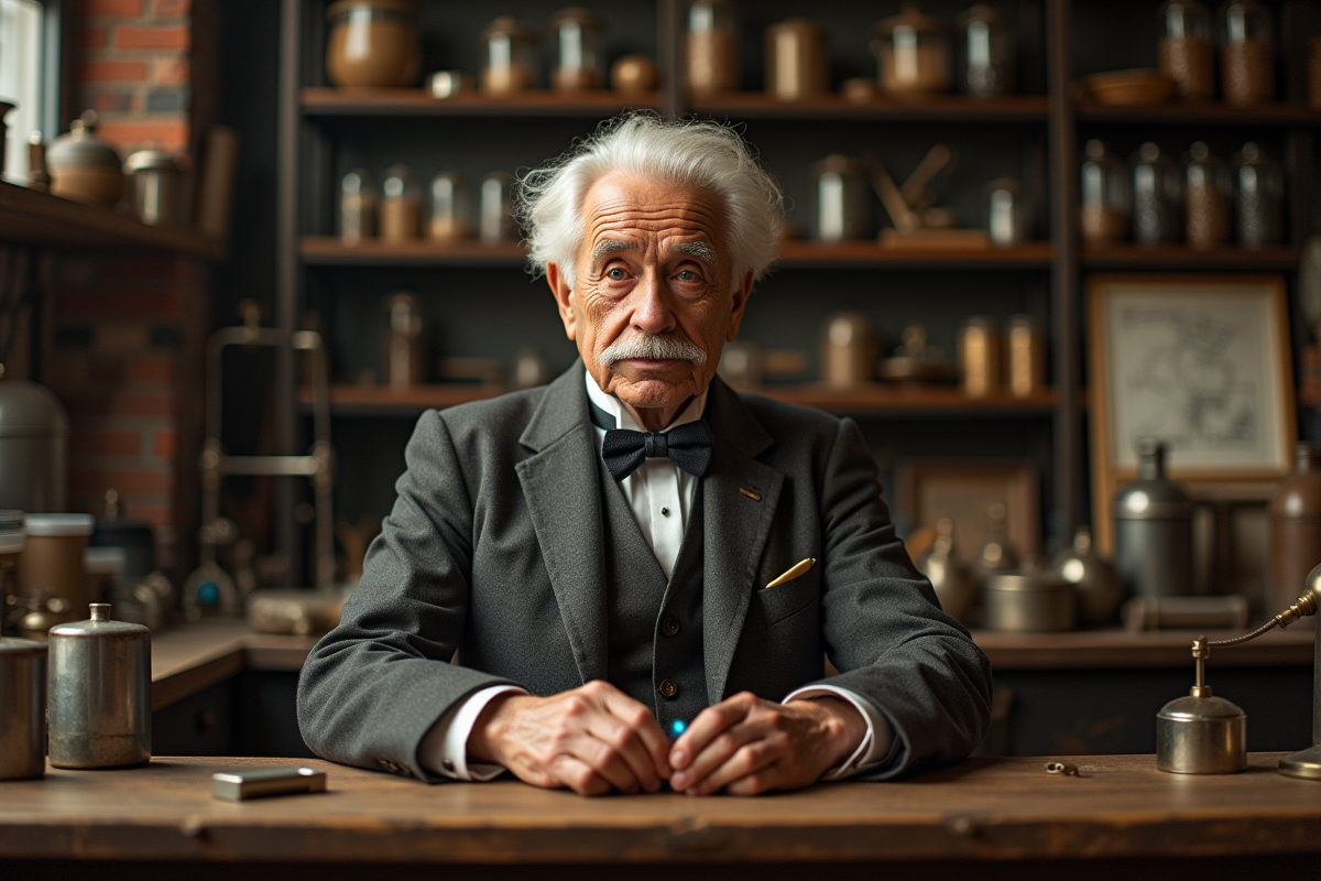 Vieux inventeur examinant une batterie ancienne dans un laboratoire industriel