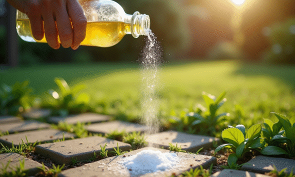 Mains de jardinier versant du vinaigre et saupoudrant du bicarbonate sur des mauvaises herbes entre pavés
