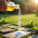 Mains de jardinier versant du vinaigre et saupoudrant du bicarbonate sur des mauvaises herbes entre pavés