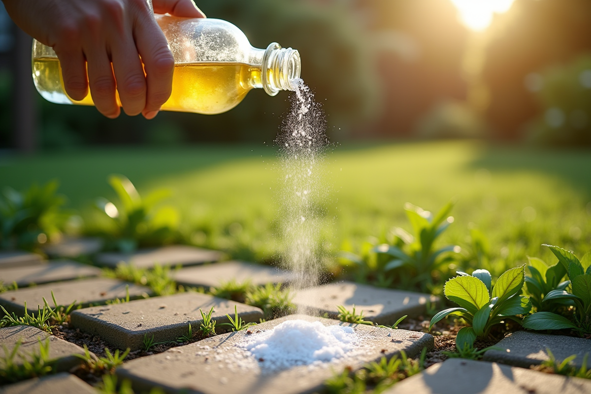 Mains de jardinier versant du vinaigre et saupoudrant du bicarbonate sur des mauvaises herbes entre pavés