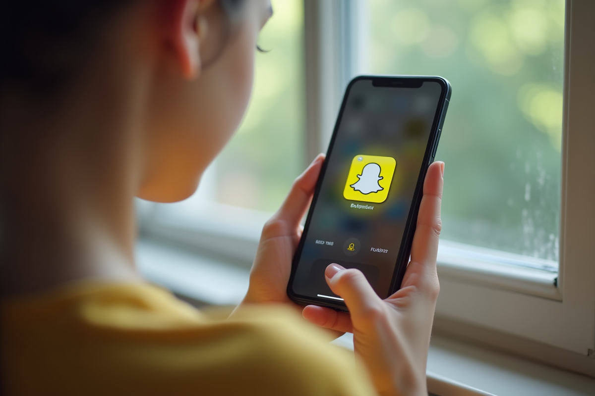 Jeune adulte tenant un smartphone avec Snapchat ouvert affichant un cœur jaune
