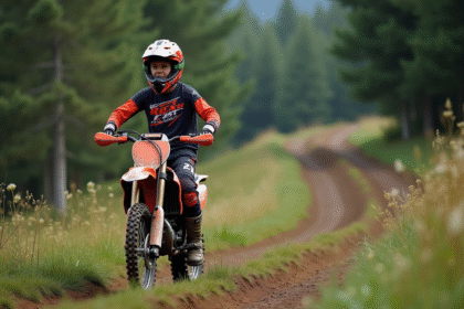 Jeune garçon en motocross près d'une moto en forêt