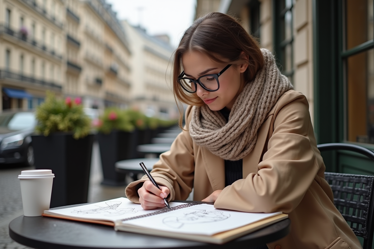 Jeune créatrice dessinant dans un café parisien en plein air