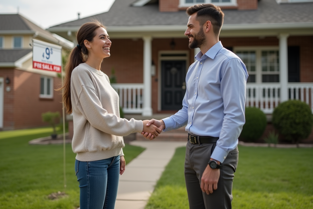 Jeune femme acheteuse devant une maison en banlieue