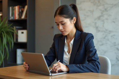 Jeune femme en bureau moderne utilisant une tablette