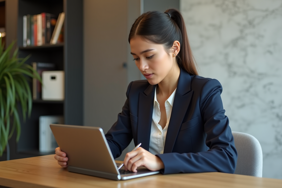 Jeune femme en bureau moderne utilisant une tablette