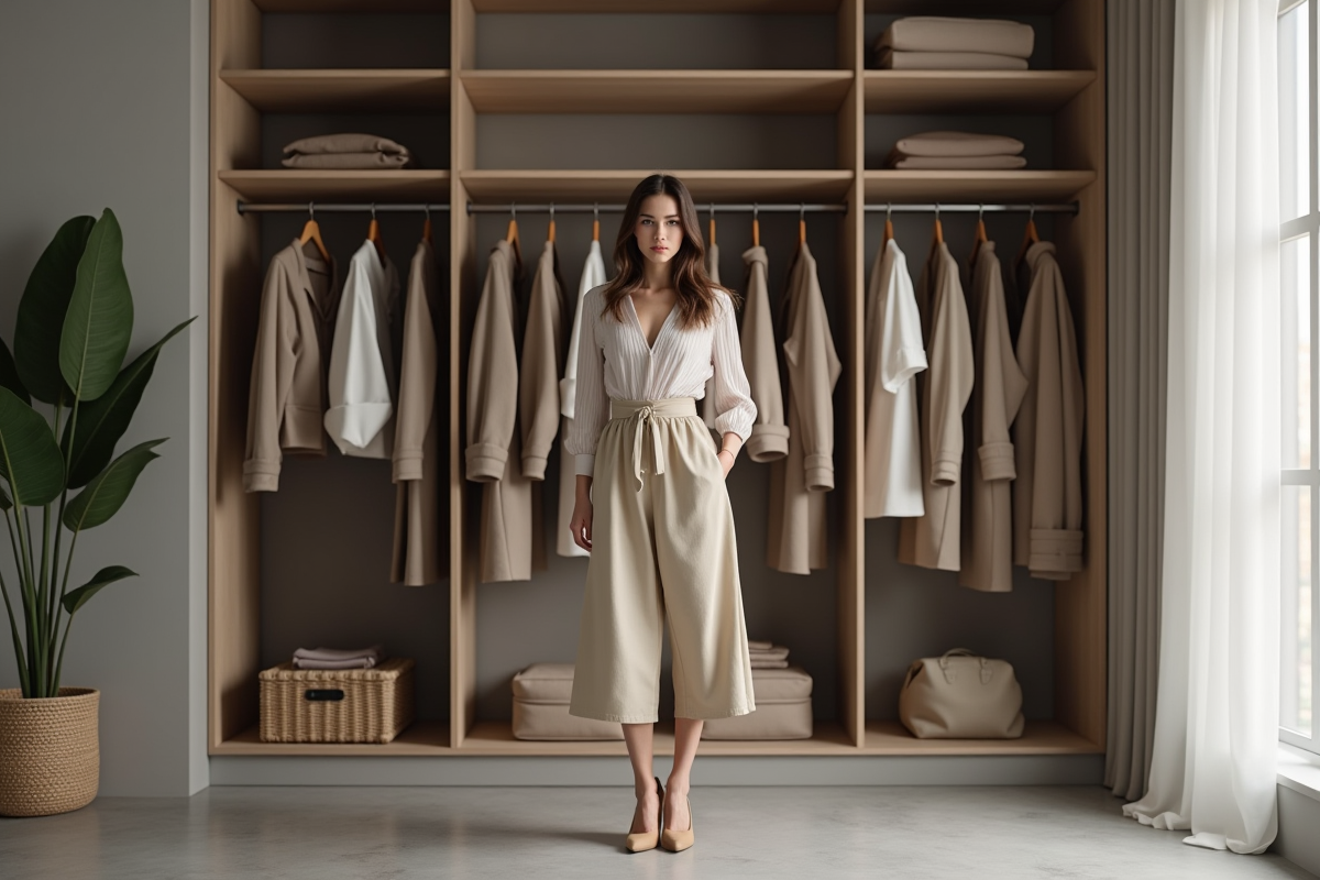 Jeune femme devant un placard avec une garde-robe capsule élégante