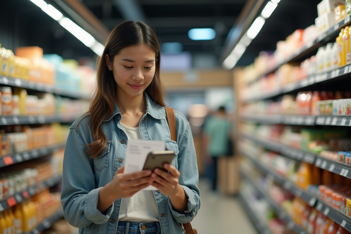 Jeune femme vérifiant un ticket de caisse en supermarche