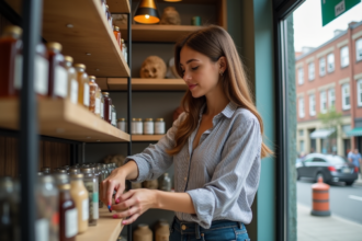Jeune femme arrangeant des produits artisanaux dans un espace moderne