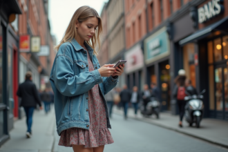 Jeune femme en denim vintage sur une rue urbaine