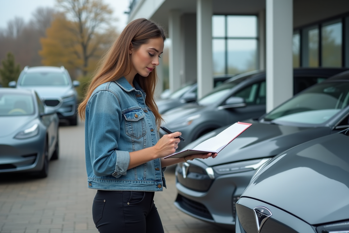 Jeune femme inspecte voiture electrique au dealership