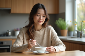 Jeune femme mangeant du yogourt dans une cuisine chaleureuse