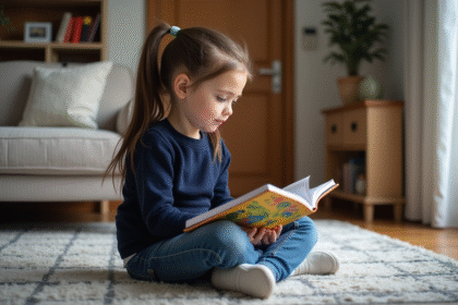 Jeune fille de 9 ans lisant un livre dans un salon moderne