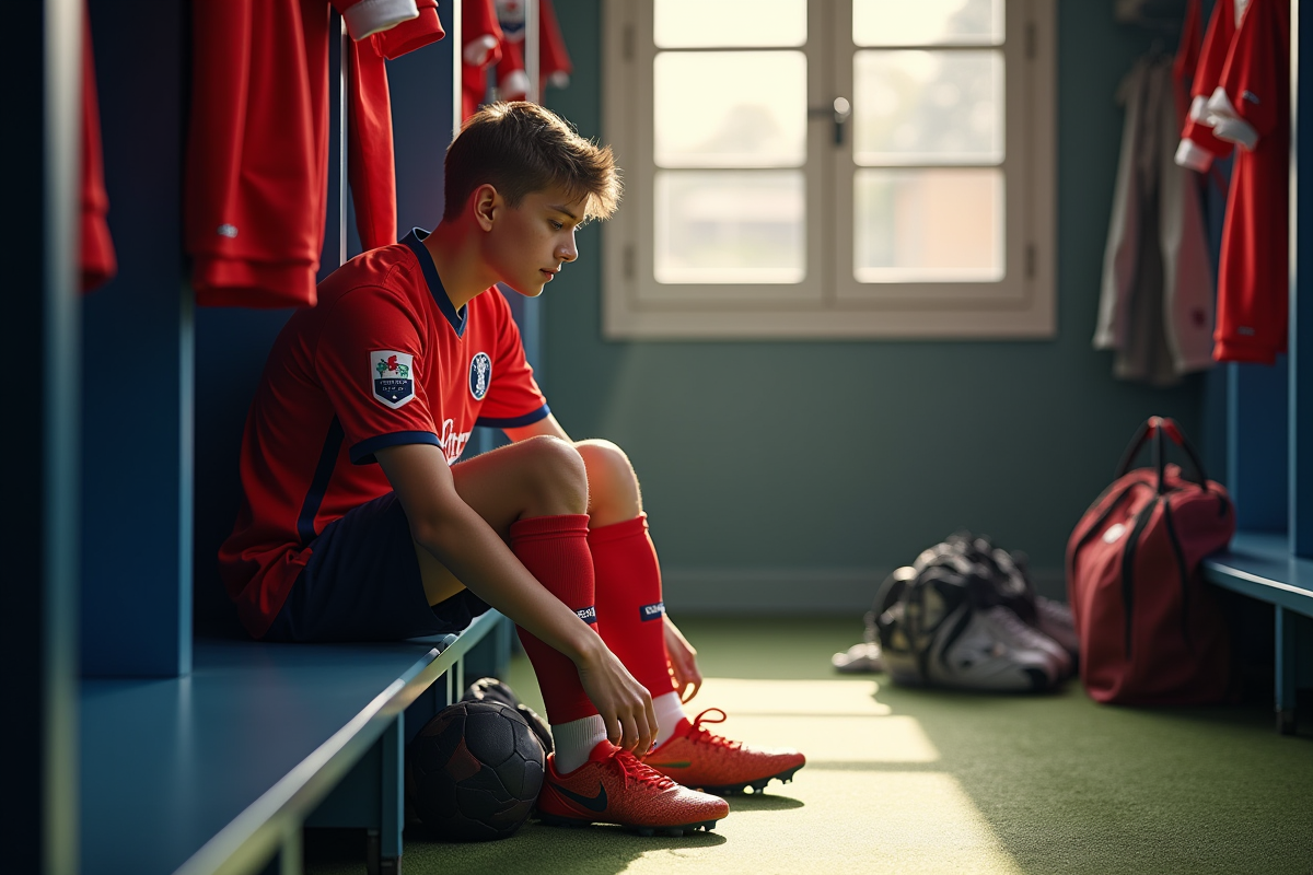 Jeune footballeur en vestiaire en train de lacer ses crampons