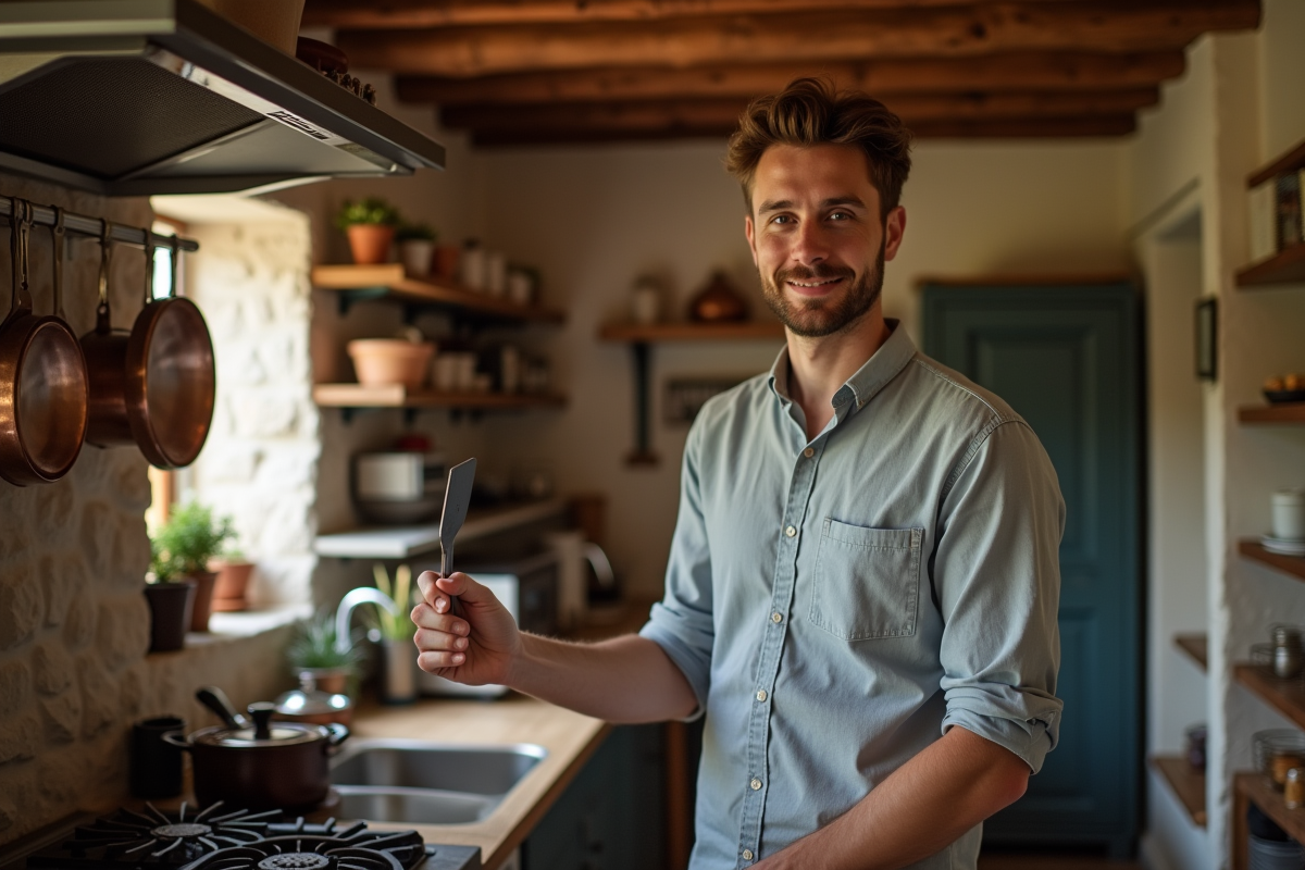 Jeune homme cuisinant dans une cuisine rustique en pierre