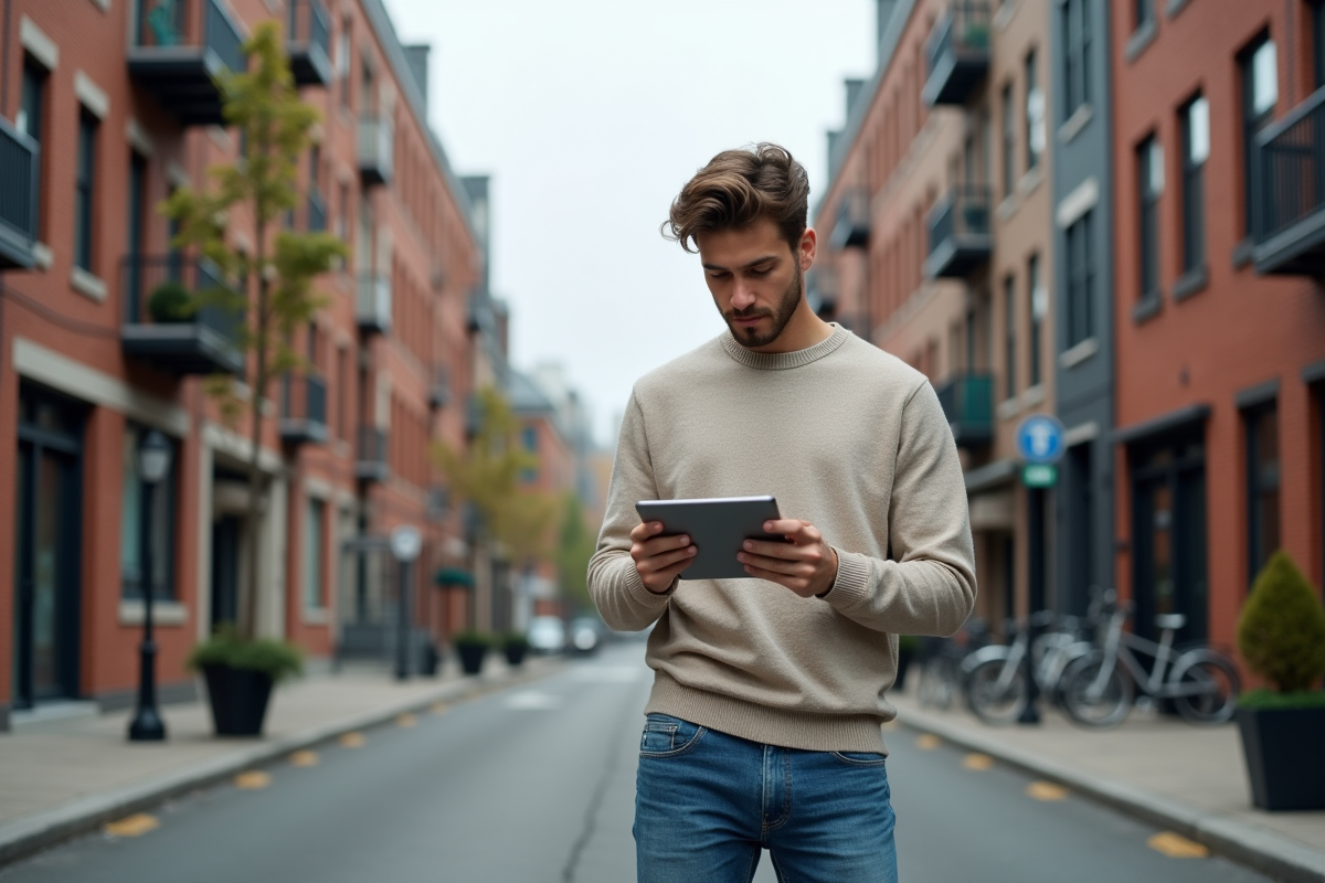 Jeune homme consulte une tablette dans la rue en ville