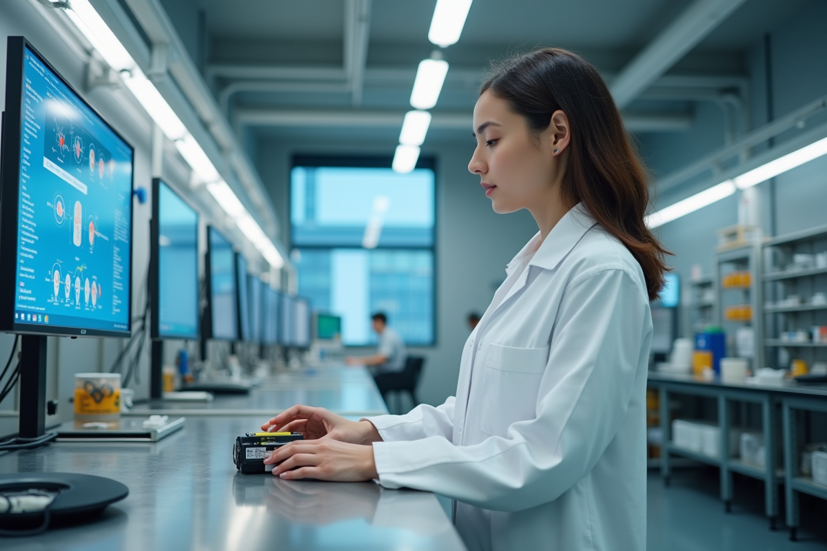 Ingénieure moderne analysant une batterie dans un laboratoire contemporain