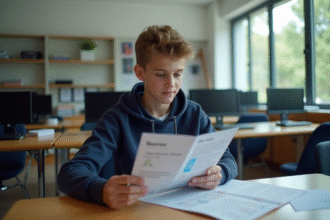 Lyceen en classe regardant brochure sur la cybersécurité
