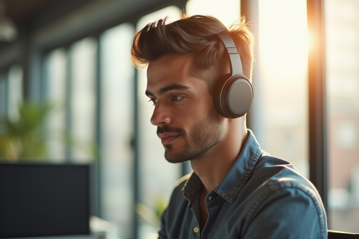 Jeune professionnel portant casque Bluetooth dans un espace lumineux
