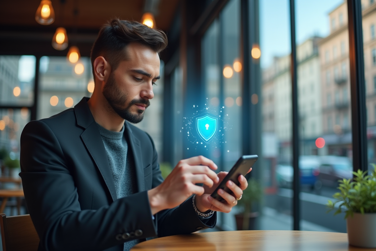 Jeune professionnel utilisant un smartphone avec hologramme de protection