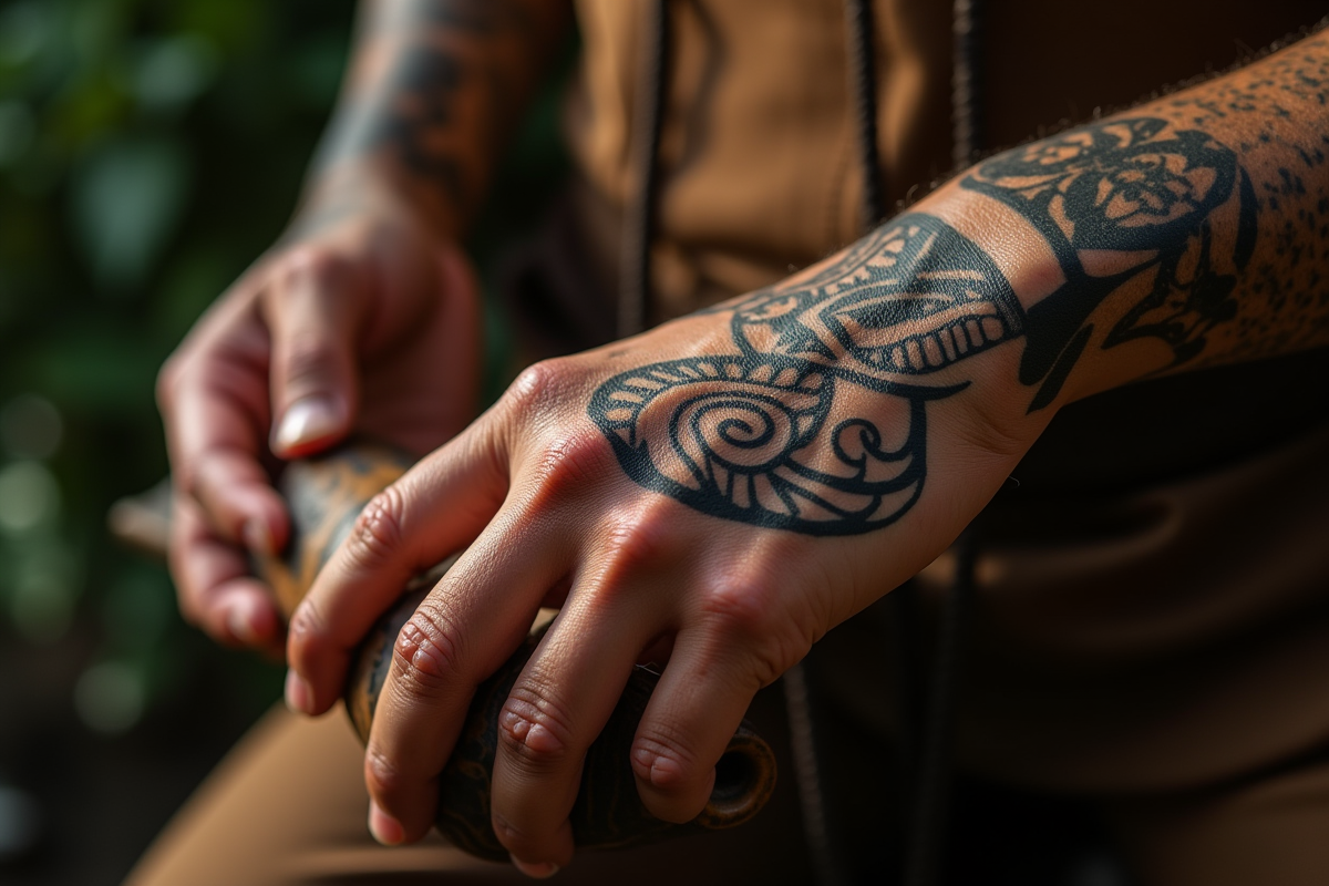 Main avec tatouages maori tenant une sculpture en bois