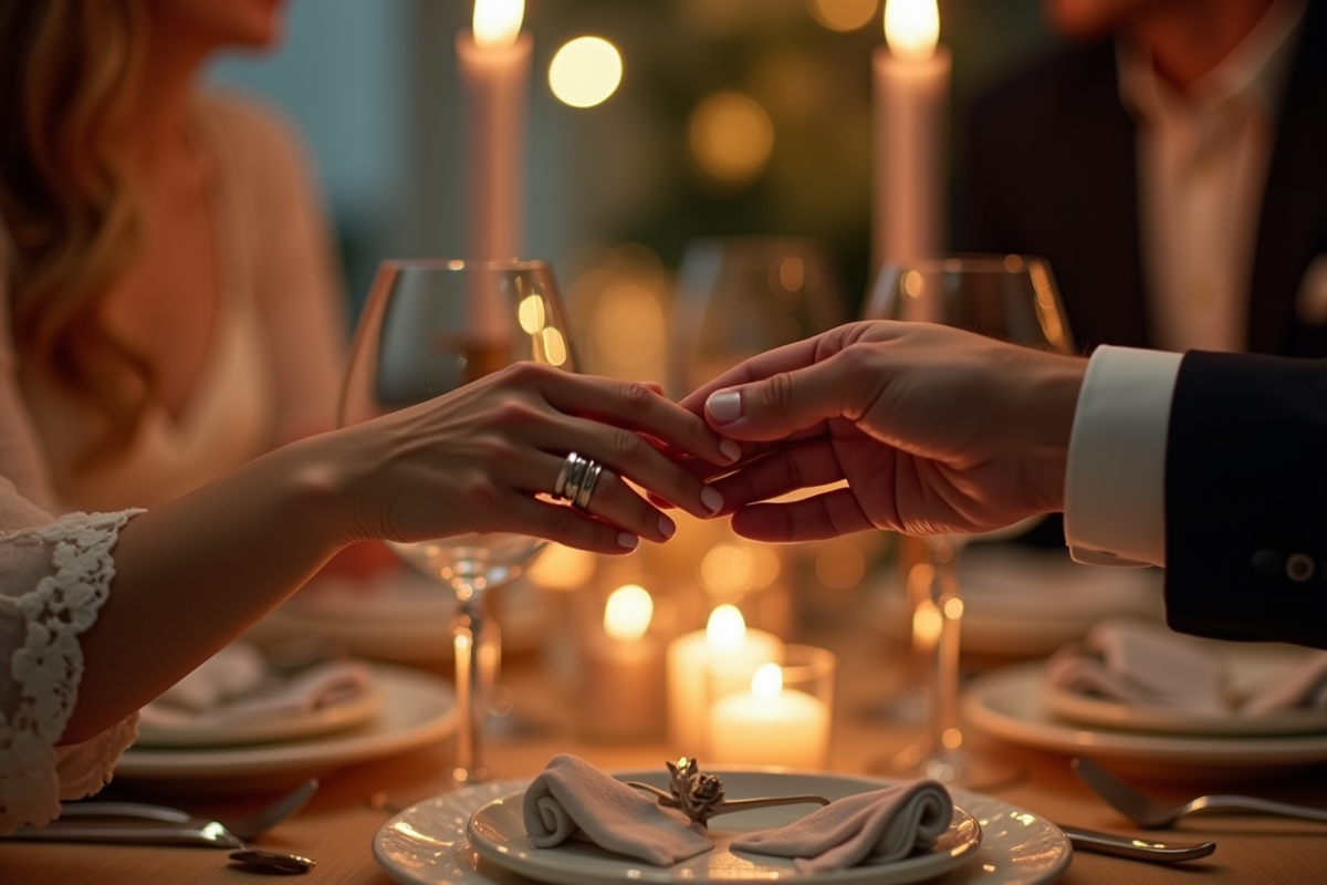 Mains d un couple échangeant des alliances lors d un dîner