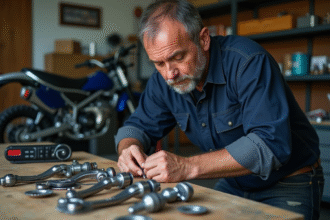 Mécanicien moto inspectant des pièces Piwi Yamaha 50