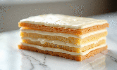 Millefeuille glacé sur comptoir en marbre en gros plan
