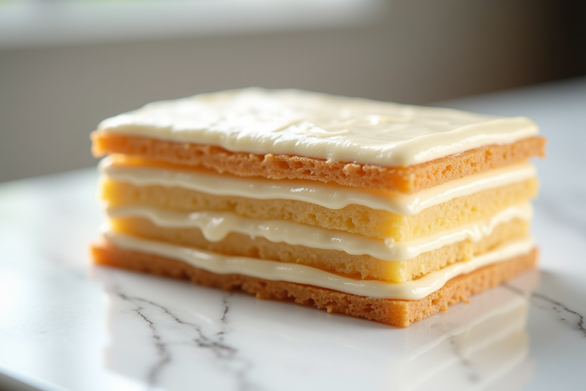 Millefeuille glacé sur comptoir en marbre en gros plan