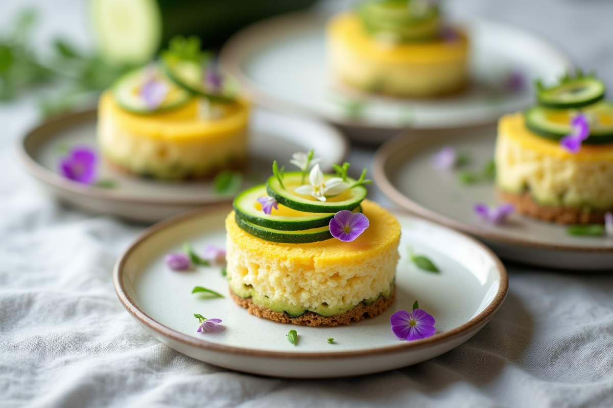 Mini gâteaux de courgette et chèvre garnis de fleurs comestibles