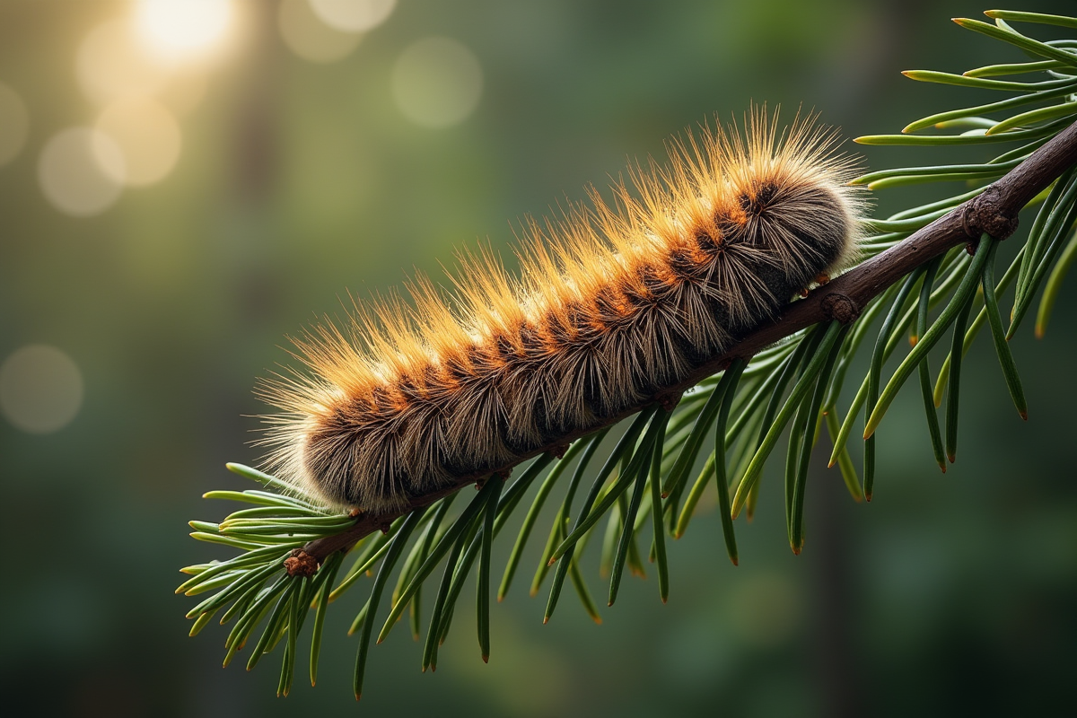 Nid de chenilles processionnaires sur une branche de pin