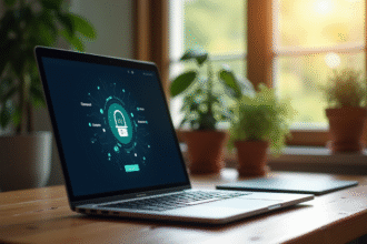 Ordinateur portable affichant une app VPN dans un bureau cosy