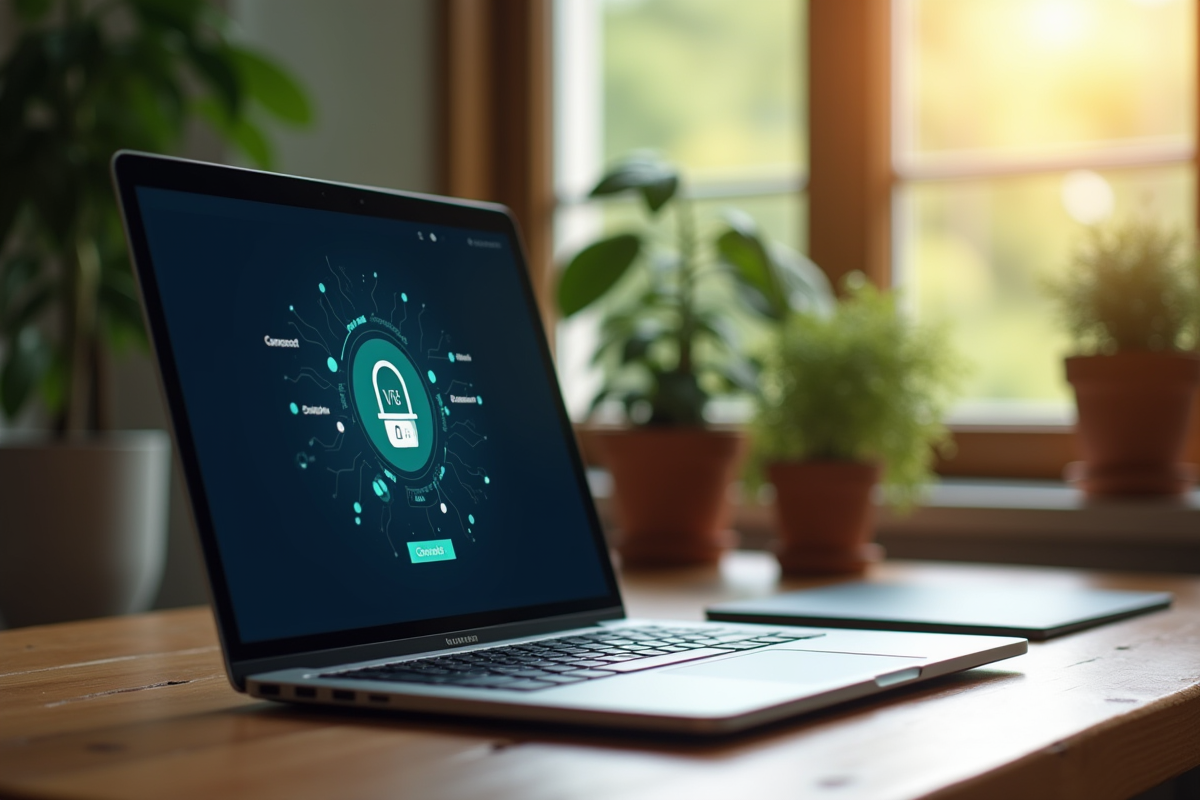 Ordinateur portable affichant une app VPN dans un bureau cosy