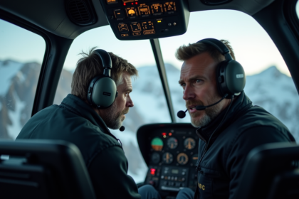 Pilote d'hélicoptère en montagne enneigée avec cockpit détaillé