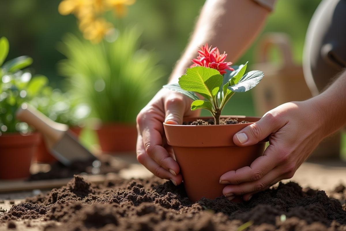 Mains plantant un oleander dans un pot en terre cuite en plein jour