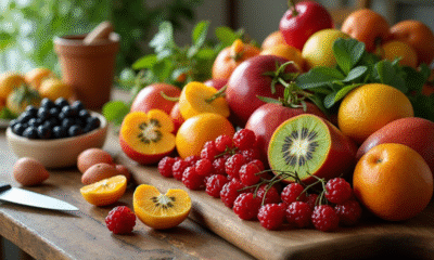 Table en bois avec fruits exotiques et outils de cuisine