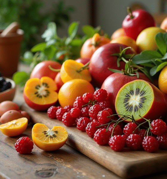 Table en bois avec fruits exotiques et outils de cuisine