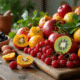 Table en bois avec fruits exotiques et outils de cuisine