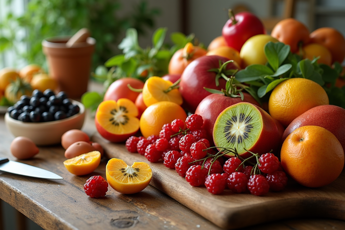 Table en bois avec fruits exotiques et outils de cuisine