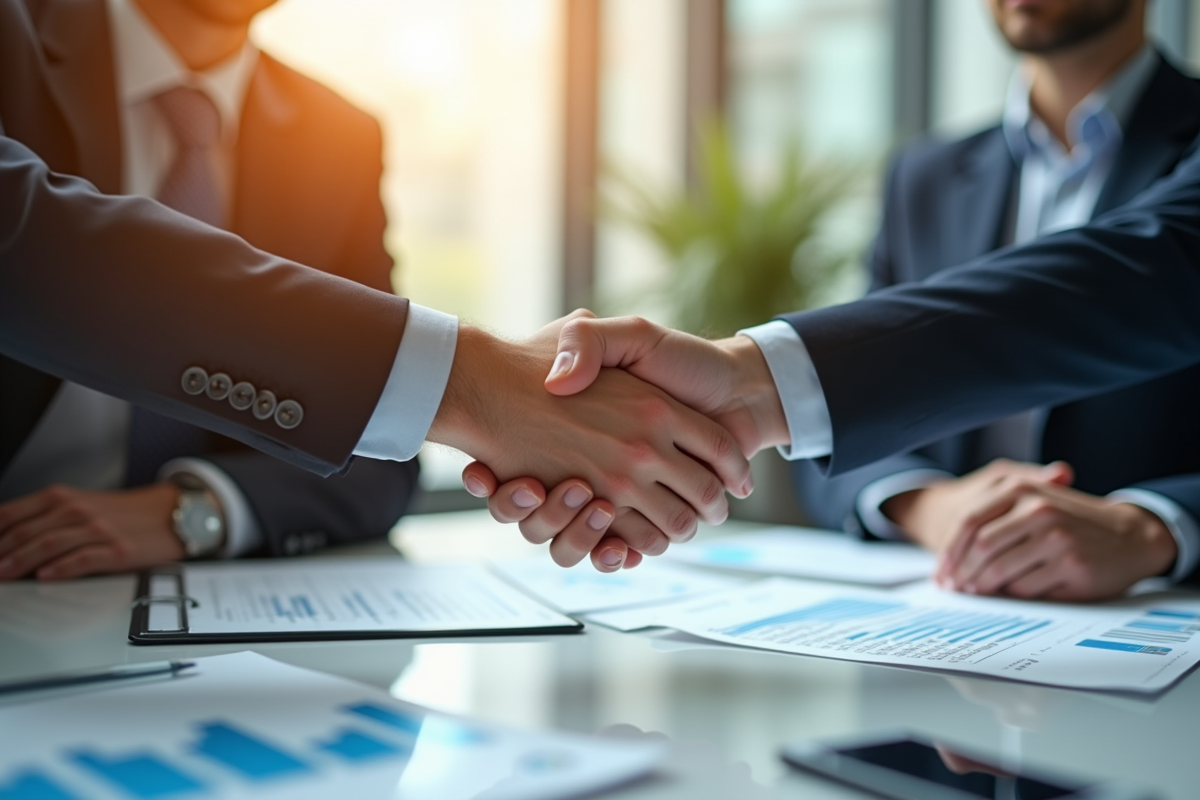 Échange de poignée de main dans un bureau avec graphiques immobiliers