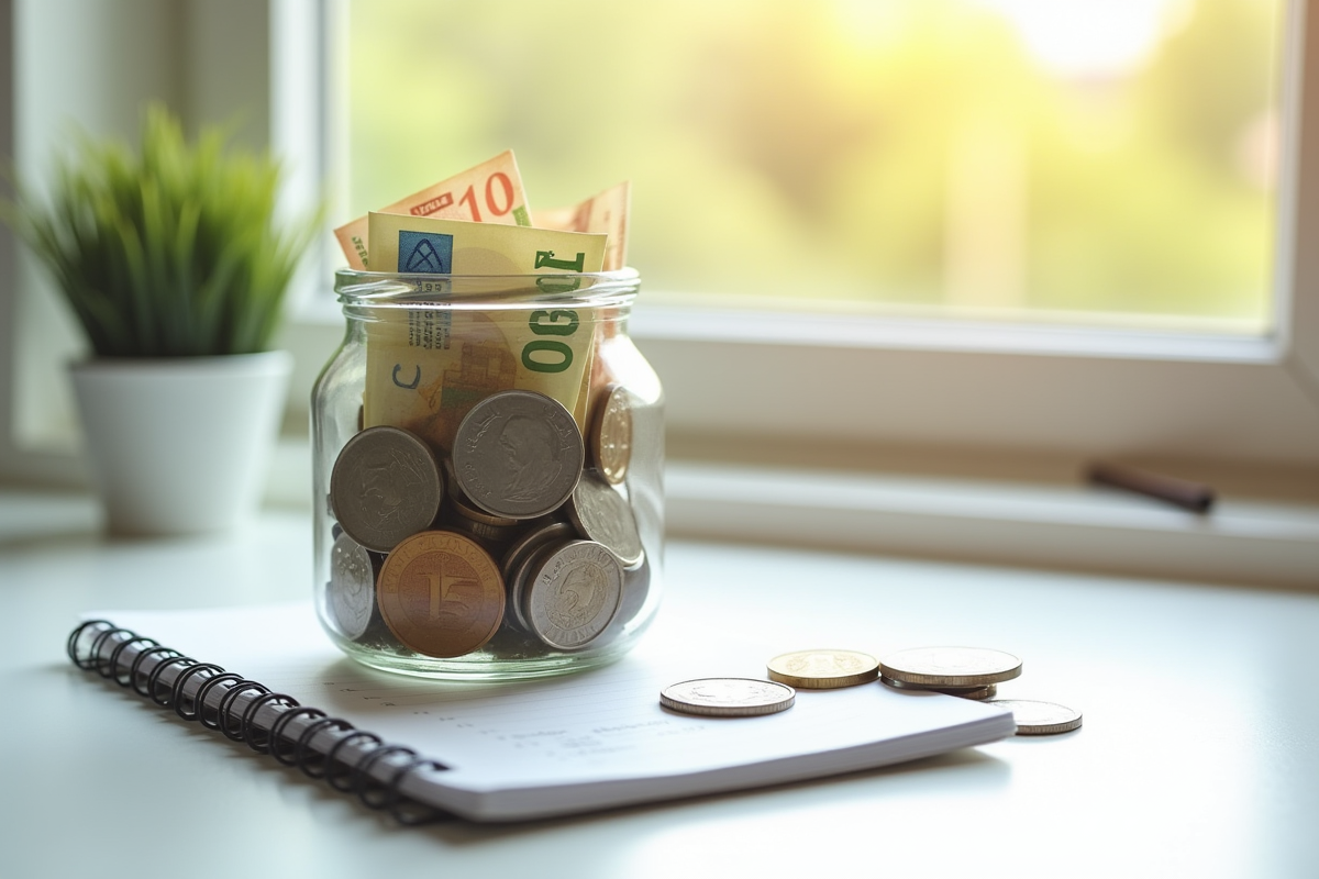Portefeuille rempli de pièces et billets d euro sur une table en lumière naturelle