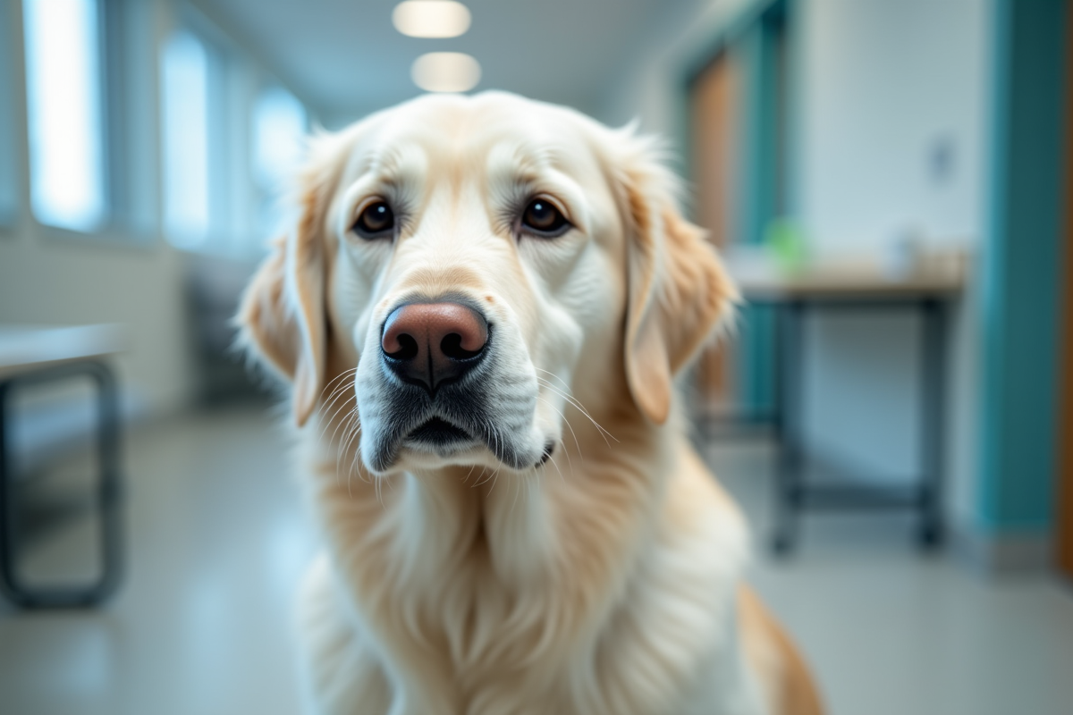 Portrait calme d un golden retriever blanc chez le veterinaire