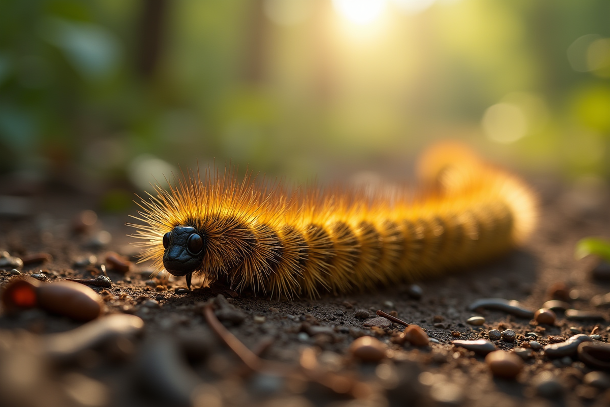 Gros plan de chenilles processionnaires dans la forêt