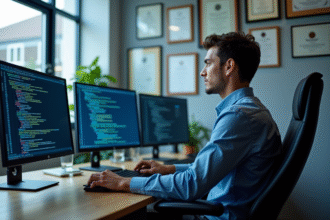 Jeune professionnel en sécurité informatique dans un bureau moderne