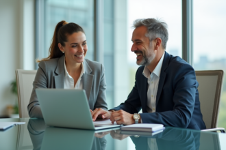 Deux professionnels en réunion dans un bureau lumineux