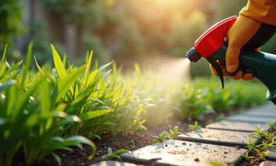 Main gantée pulvérisant herbicide sur mauvaises herbes vertes en jardin