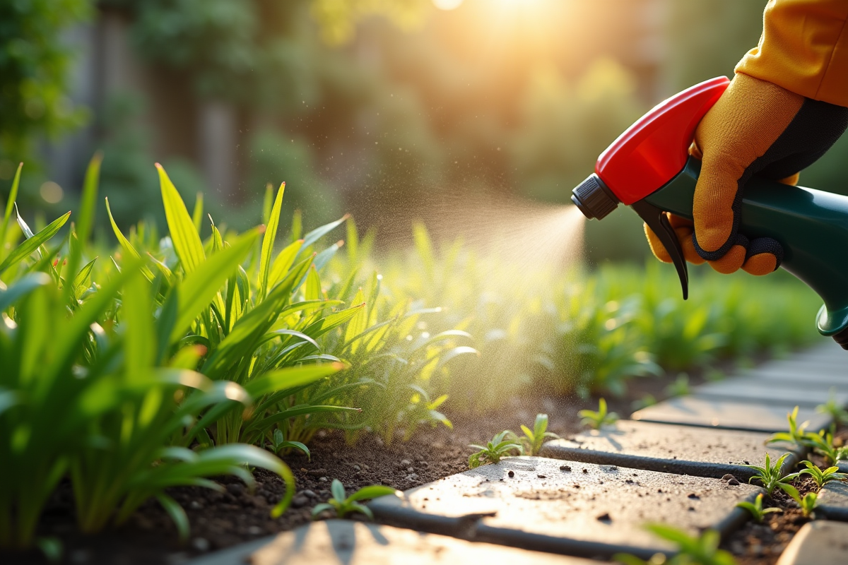 Main gantée pulvérisant herbicide sur mauvaises herbes vertes en jardin