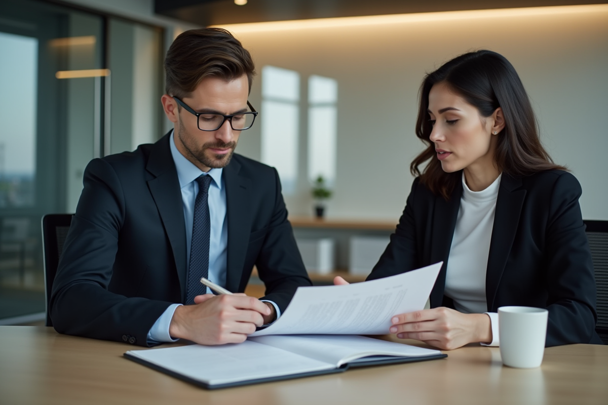 Deux professionnels discutant de documents juridiques en salle moderne
